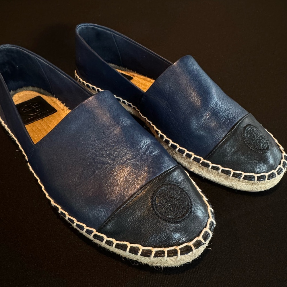 Tory Burch Colorblock Espadrille Flats Leather Navy Black Cap Toe Size 8 - Picture 5 of 9